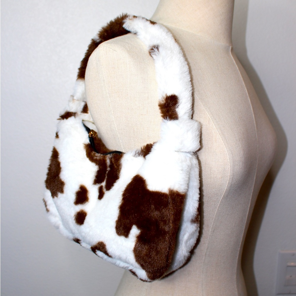 White Brown Cow Furry Mid Size purse with zipper super soft